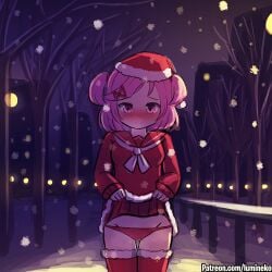 1girls blush christmas christmas_outfit city doki_doki_literature_club female female_only lifting_skirt looking_at_viewer lumineko natsuki_(doki_doki_literature_club) outside panties pink_eyes pink_hair red_panties red_skirt red_uniform skirt skirt_lift smile smiling smiling_at_viewer snowing solo tree trees uniform