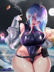 big_breasts cd_projekt_red cyberpunk:_edgerunners cyberpunk_2077 head_tilt latex looking_at_viewer lucyna_kushinada plump shiny_skin smooth_skin studio_trigger thick_thighs thighs thighs_together tight_fit tudduls