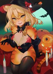 1girls anthro breasts candle cleavage female female_only gloves halloween_costume leotard looking_at_viewer orange_fur smile taegax tail thighhighs tiger tiger_ears tiger_tail witch witch_hat