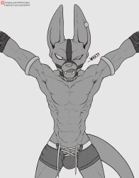 anthro balls beerus bound bound_wrists bulge dragon_ball dragon_ball_super felid feline feline_humanoid flaccid furry gay god_of_destruction hairless_cat male male_only monochrome muscles penis solo solo_male sphynx_(cat) spiritd tail