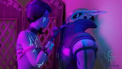 blush breasts choker clothed clothed_male clothing completely_nude completely_nude_female dream_(fortnite) exposed_breasts fortnite fully_clothed fully_clothed_male gentlecat glowing_eyes looking_at_partner luminos_(fortnite) nude nude_female purple_skin tagme teasing wanting_sex