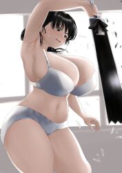 1girls armpits big_breasts black_hair bra breasts female female_only huge_breasts mhaknow mitaka_asa panties solo sword thick_thighs white_panties wide_hips