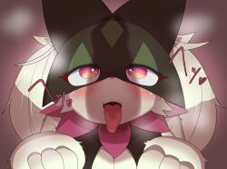 2022 anthro blush digital_media_(artwork) felid feline female female_anthro fur generation_9_pokemon hi_res kemono mammal meowscarada nigiruri nintendo open_mouth penis_shadow pink_eyes pokemon pokemon_(species) pokemon_sv solo tongue tongue_out translated_description video_games