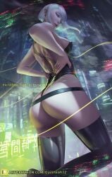 1girls asian asian_female ass_focus big_ass big_breasts cd_projekt_red cybernetics cyberpunk:_edgerunners cyberpunk_2077 cyborg female female_only leotard light-skinned_female light_skin low-angle_view lucyna_kushinada monowire multicolored_hair netflix nude olesyaspitz short_hair studio_trigger white_hair