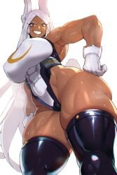 armpits breasts bunny_ears bunny_tail cameltoe dark-skinned_female dark_skin gloves grin hand_on_hip huge_breasts kisuu leotard long_hair miruko muscular muscular_female my_hero_academia nipple_bulge plump red_eyes rumi_usagiyama sweat thick_thighs thighhighs very_long_hair white_background white_hair wide_hips