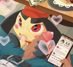 <3_eyes anthro bodily_fluids clothed clothing cum cum_in_mouth cum_inside duo female generation_3_pokemon genital_fluids genitals heart heart-shaped_pupils hi_res humanoid male male/female mawaifu mawile nintendo oral penis pokemon pokemon_(species) pokemon_cafe_mix video_games yellow_body