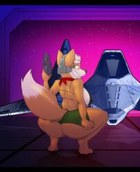 1female arwing big_ass big_breasts big_butt breasts_bigger_than_body breasts_bigger_than_head breasts_bigger_than_torso dracojeff fat_ass female female_only fox fox_mccloud furry genderswap hourglass_figure huge_ass huge_breasts nintendo nipple_bulge nipples nipples_visible_through_clothing rule_63 smile squatting star_fox tagme