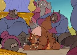 2022 after_sex anthro balls brown_body clothed clothing crossdressing detailed_background disney elephant elephantid genitals grey_body group hi_res kemono little_john male male/male male_only mammal outside overweight overweight_male penis proboscidean quanjiang rhino_guard rhinocerotoid robin_hood_(disney) sex sitting ursid