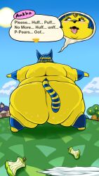 1girls animal_crossing ankha anthro ass ass_focus back_fat bbw blue_hair cat_ears cat_tail catgirl dialogue english_text fat_ass female female_only fruit huffing infinite-loup massive_ass nintendo obese_female overweight overweight_female pear_shaped pears solo speech_bubble ssbbw text tongue tongue_out toony walking_away yellow_fur