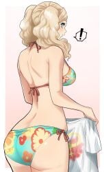 ! 1girls ann_takamaki ass atlus bikini blonde_hair blue_eyes blush breasts embarrassed female kurosususu large_breasts light-skinned_female light_skin long_hair looking_at_viewer persona persona_5 speech_bubble spoken_exclamation_mark twintails undressing