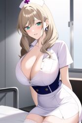 1girls ai_generated breasts brown_hair female genshin_impact green_eyes hips huge_breasts light-skinned_female light_skin lisa_(genshin_impact) long_hair looking_at_viewer nai_diffusion nurse nurse_cap nurse_costume nurse_outfit nurse_uniform smile stable_diffusion thick_thighs thighs wide_hips