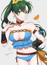 1girls alternate_costume ass_visible_through_thighs bikini blue_bikini blue_swimsuit breasts cleavage closed_mouth collarbone commentary_request earrings female female_only fingernails fire_emblem fire_emblem:_the_blazing_blade fire_emblem_heroes frilled_bikini frills green_eyes green_hair grey_background hand_on_hip highres jewelry large_breasts long_hair looking_at_viewer lyn_(fire_emblem) lyndis_(summer)_(fire_emblem) navel nintendo official_alternate_costume peach11_01 ponytail simple_background smile solo stomach swimsuit twitter_username very_long_hair