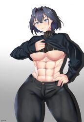 abs hololive hololive_english hololive_english_-council- hololive_english_-promise- large_breasts muscleboii muscular muscular_female ouro_kronii pants shirt_lift short_hair thanaphondeech1 underboob virtual_youtuber