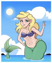 1girls alternate_hair_color ariel blonde_hair breasts disney disney_princess female female_only green_tail jpeg mermaid mermaid_tail nekiny seashell_bra smile solo standing standing_in_water tagme the_little_mermaid