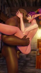 3d 3d_(artwork) areolae big_breasts blue_eyes breasts dark-skinned_male dark_skin elf elf_ears elf_female face_to_face female happy happy_sex human interracial justicaralb large_breasts male male_human/female_elf moaning moaning_in_pleasure night_elf nipples pink_skin pointy_ears purple_hair smile stand_and_carry_position standing_sex warcraft world_of_warcraft