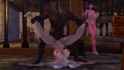 2girls 3d 3d_(artwork) areolae big_breasts blue_eyes breasts dark-skinned_male dark_skin elf elf_ears elf_female female human interracial justicaralb large_breasts male night_elf nipples piledriver_position pink_skin pointy_ears purple_hair sex warcraft white_hair world_of_warcraft