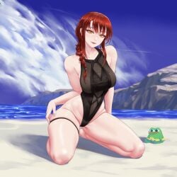 1girls beach braid calad_g chainsaw_man detailed_background female female_only kneeling legband long_hair looking_at_viewer makima_(chainsaw_man) meme orange_hair pepe_the_frog seaside smiling smiling_at_viewer solo swimsuit thigh_squish very_high_resolution yellow_eyes