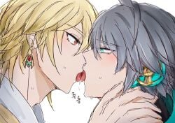 2boys alhaitham_(genshin_impact) genshin_impact kaveh_(genshin_impact) kissing making_out male_only siliva tongue_kissing