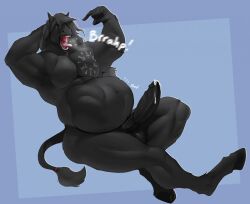 after_vore anthro belly big_belly black_body black_fur bodily_fluids burping dripping equid equine erection fur genital_fluids genitals horse male mammal muscular muscular_male open_mouth penis precum precum_drip stomach_bulge tongue vore zyyphelze