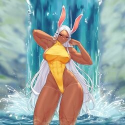 1girls 2022 arm_behind_head bunny_ears calad_g dark-skinned_female dark_skin female female_only hi_res in_water long_hair looking_at_viewer miruko muscular_male my_hero_academia red_eyes rumi_usagiyama sideboob solo swimsuit tanline thick_thighs toned toned_female waterfall white_hair