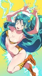 alfi_(tok) animal_print areola_slip armpits arms_up ass bikini boots breasts cleavage green_eyes heart heart_hands horns leg_up long_hair lum navel oni oni_horns open_mouth print_bikini print_footwear strapless strapless_bikini swimsuit tagme teal_hair thighs tiger_print urusei_yatsura very_long_hair yellow_bikini yellow_footwear