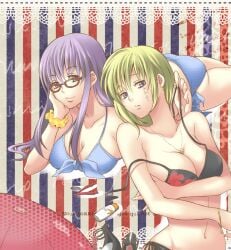 2girls alternate_costume bikini black_bikini blonde_hair blue_bikini breast_hold breast_rest cleavage earrings facial_scar female female_only gintama glasses hair_down long_hair looking_at_viewer medium_breasts medium_hair necklace on_stomach purple_eyes purple_hair red-framed_glasses sarutobi_ayame side-tie_bikini smile swimsuit tsukuyo untied_bikini wrist_scrunchie