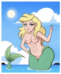 alternate_hair_color ariel blonde_hair breasts disney disney_princess mermaid mermaid_tail nekiny nipples pussy standing standing_in_water tagme the_little_mermaid