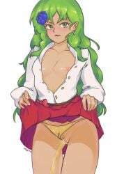 breasts green_hair jacqueline nipples original panties_aside peeing peeing_self pussy solo solo_female tagme tanned_female urination urine urine_stream urumi_(urumi00) yellow_panties