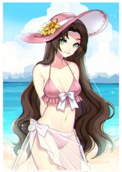 1girls aerith_gainsborough beach bikini breasts brown_hair clouds final_fantasy final_fantasy_vii green_eyes hat hat_flower long_hair looking_at_viewer medium_breasts midriff mochee_bi navel ocean outside pink_bikini pink_swimsuit sarong sky sun_hat swimsuit tongue tongue_out water