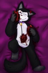 absurd_res anthro bedroom blood blood_in_mouth blood_on_clothing blood_on_hand bodily_fluids canid canine canis clothing darkolynx destruction domestic_dog fur gore heart hematophilia hi_res husky male male/male mammal nordic_sled_dog solo spitz suit