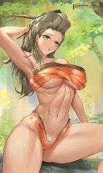 1girls abs armpits arms_up bikini blush breasts brown_skin female game_freak green_eyes hi_res huge_breasts long_hair nintendo orange_bikini outdoors pokemon pokemon_sv porblee professor_sada_(pokemon) pubic_hair slim_waist toned