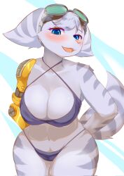 anthro bikini blue_eyes blush clothed clothing eyewear female fluffy fluffy_tail ginko0101 goggles hand_behind_back happy hi_res kemono lombax looking_at_viewer mammal open_mouth pink_nose prosthetic prosthetic_arm prosthetic_limb ratchet_and_clank rivet_(ratchet_and_clank) skimpy solo sony_corporation sony_interactive_entertainment stripes swimwear video_games