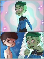 1boy 1girls 2d alien alien_girl bedroom bedroom_eyes comic comic_page confusion crossover d'vana_tendi female green-skinned_female green_body green_eyes green_hair green_skin h_space hispanic_male hspace male marco_diaz nude_male nude_male_clothed_female orion_(species) portal star_trek star_trek_lower_decks star_vs_the_forces_of_evil starfleet_insignia starfleet_uniform surprised