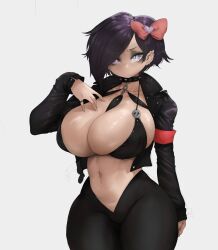 1girls 2022 big_breasts bikini_top ear_piercing earrings eyeshadow female female_only goth goth_girl hair_ribbon hi_res jacket leggings legs_together looking_at_viewer medium_hair monkeywithaafro pointy_ears purple_hair slit_pupils solo spiked_collar thick_thighs white_background white_eyes