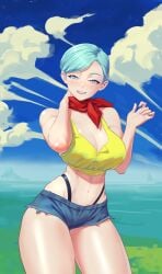 1girls 2022 aqua_eyes bandana big_breasts blue_hair bulma_briefs calad_g dragon_ball dragon_ball_super female female_only hand_behind_neck hi_res light_blue_hair looking_at_viewer mature_female milf misty_(pokemon)_(cosplay) narrowed_eyes short_hair smiling smiling_at_viewer smug solo teeth_showing thick_thighs tight_clothing very_short_hair wide_hips