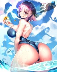 1girls ass big_ass big_breasts breasts female female_only gs_ball hair huge_ass huge_breasts mature mature_female one-piece_swimsuit one_eye_closed pale_riderz philena_ivy pokeball pokemon pokemon_(anime) purple_eyes purple_hair short_hair solo solo_female tongue tongue_out water wet wet_body