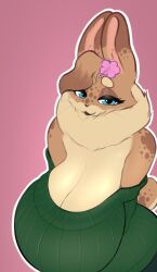 anthro big_breasts breasts bunny_ears bunny_tail chest_fur chest_tuft flower fluffy_hair hazel_(shakotanbunny) larger_female neck_fur neck_tuft presenting_breasts rabbit rabbit_ears rabbit_tail shakotanbunny tagme voluptuous voluptuous_female