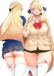 2girls alternate_costume ass back black_eyes blonde_hair breasts cardigan cynthia_(pokemon) egg_vibrator green_eyes gyaru hair_ornament hair_over_one_eye iku_(ikuchan_kaoru) large_breasts light-skinned_female light_skin long_hair lusamine_(pokemon) microskirt milf miniskirt multiple_girls necklace nintendo pokemon pokemon_dppt pokemon_sm school_uniform skirt thick_thighs thighhighs vibrator vibrator_cord vibrator_under_clothes