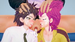 big_penis bisexual bisexual_male cum cum_in_mouth cum_on_face cum_on_hair danganronpa fellatio gay hinata_hajime kazuichi_souda koikatsu licking licking_penis nidai_nekomaru pompadorkz souda_kazuichi straight_hair threesome