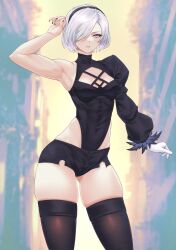 1girls 2022 android aqua_eyes calad_g female female_only hair_over_one_eye hairband hi_res leotard looking_at_viewer medium_hair minishorts nier:_automata pose small_breasts solo stockings thick_thighs thigh_squish white_hair wide_hips yorha_2b