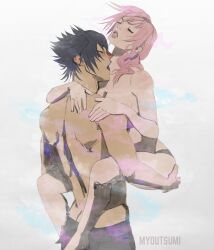 1boy 1girls ass ass_grab black_hair blush breasts carrying_partner closed_eyes clothed_male_nude_female crossover eclair_farron female final_fantasy final_fantasy_xiii final_fantasy_xv hands_on_ass male myoutsumi noctis_lucis_caelum nude passionate pink_hair sensual shirtless shirtless_(male) spiky_hair square_enix standing standing_sex straight