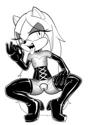 1girls anthro choker corset elbow_gloves fellatio_gesture female flat_chest fours_(artist) half-closed_eyes hand_on_thigh latex latex_boots latex_gloves long_boots looking_at_viewer loose_hair monochrome nipples open_mouth pussy solo sonic_(series) squatting star_the_spineless_hedgehog thigh_boots tongue_out tongue_piercing