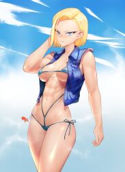 1girls 2022 android_18 bikini blonde_hair blue_eyes calad_g dragon_ball dragon_ball_z female female_only hi_res looking_at_viewer medium_hair sleeveless_jacket solo thick_thighs