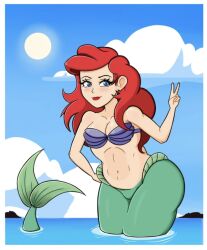 ariel breasts disney disney_princess mermaid mermaid_tail nekiny red_hair seashell_bra standing standing_in_water tagme the_little_mermaid