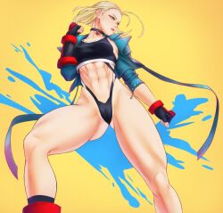 1girls 2022 abs armwear blonde_hair blue_eyes calad_g cameltoe cammy_white capcom choker female female_only fingerless_gloves jacket looking_away midriff narrowed_eyes navel pose skimpy solo sportswear street_fighter street_fighter_6 thick_thighs