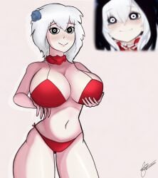 ai_generated big_breasts blush bra breast_grab breasts creepypasta female female_only huge_breasts jeff_the_killer jeff_the_killer_(ai) looking_at_viewer meme panties rule_63 silver_hair smile standing