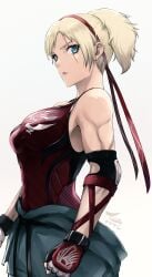 alluring athletic_female blonde_hair blue_eyes breasts closed_mouth clothes_around_waist female fingerless_gloves fit_female gloves hairband highres lidia_sobieska looking_at_viewer namco ponytail red_hairband red_tank_top scar scar_across_eye scar_on_face short_hair simple_background solo tank_top tea_(nakenashi) tekken white_background