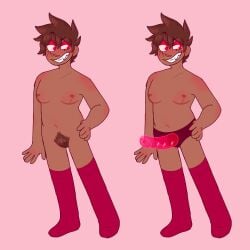 1boy 1cuntboy brown_hair cuntboy heart-shaped_pupils intersex kai_(ninjago) lego mastectomy_scar ninjago nude red_eyes reference_image solo strap-on sweeteeth