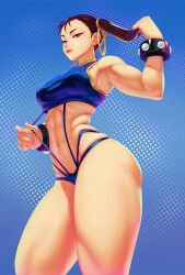 1girls 2022 bikini bracelet brown_eyes brown_hair calad_g capcom chun-li female female_only hi_res looking_at_viewer narrowed_eyes red_lips solo spiked_bracelet straps street_fighter thick_thighs topwear twintails viewed_from_below