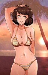 1girls alternate_version_available atlus bikini bikini_bottom breasts brown_hair cleavage female female_only hair hand_behind_head lips mature mature_female osusowake persona persona_5 sadayo_kawakami solo solo_female swimsuit swimwear wet wet_body yellow_bikini yellow_eyes